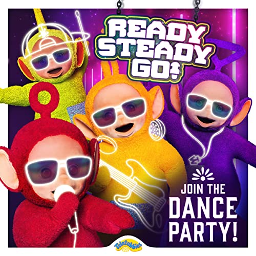 Teletubbies wearing sunglasses pose with musical instruments and colorful graphics.