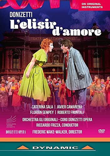 DVD cover for Donizetti’s opera “L'elisir D'amore” featuring two singers.