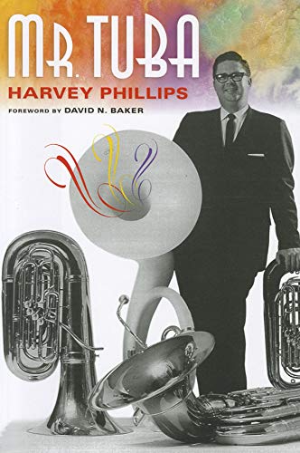 "Book cover featuring a man in a suit surrounded by tubas, with colorful abstract design."