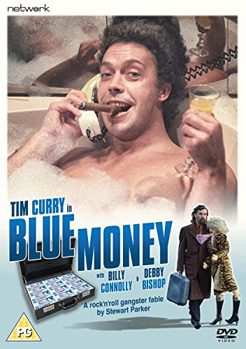 Tim Curry in a bubble bath holding a cigar and drink on Blue Money DVD.