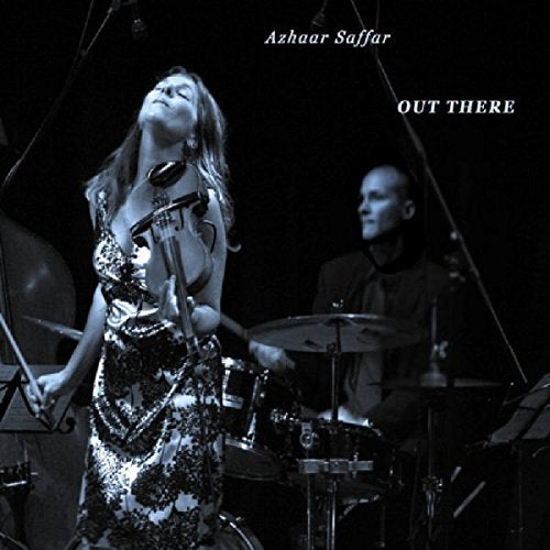 "Black and white CD cover with a woman holding a violin and a man playing drums."