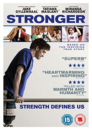 DVD cover for "Stronger" featuring a man lifting weights, with title and reviews.