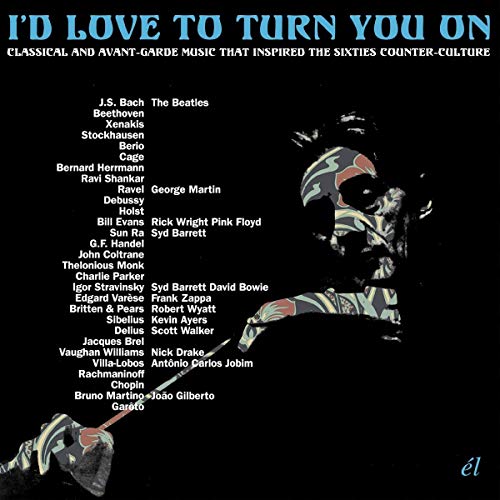 The image is an album cover featuring a man with a psychedelic, painted-on design. Key visual characteristics: - A man with a painted-on design - Black background - White and colored text - List of artists' names Alt text: "Album cover with a man having psychedelic face paint and a list of artists."