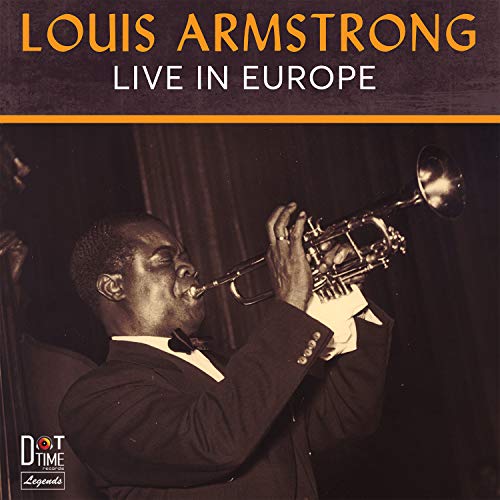 "Louis Armstrong playing trumpet on a CD cover with 'Live in Europe' text."