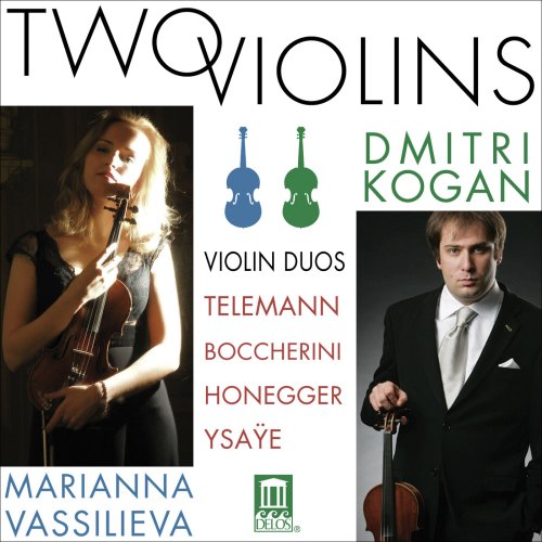 "CD cover featuring two violinists, a man and a woman, with composer names listed."