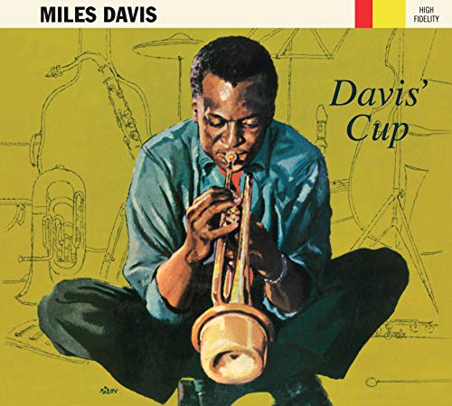 Album cover featuring illustration of Miles Davis playing trumpet, yellow background, sketched instruments.