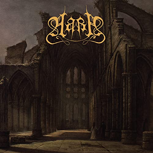 Ruined gothic cathedral interior with figures and ornate band logo.