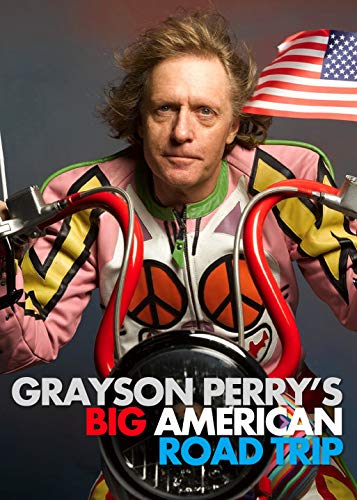 Grayson Perry on a motorcycle with an American flag, DVD cover.