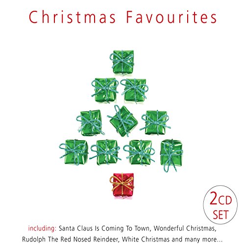 "Christmas CD cover featuring a tree made of wrapped presents on a white background."