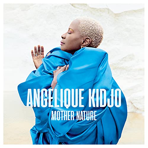 Angélique Kidjo embraced in blue fabric, album cover for "Mother Nature.