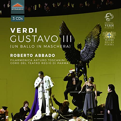 CD cover for Verdi’s “Gustavo III” opera, featuring performers and a statue.