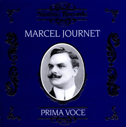 "Blue CD cover with black-and-white portrait of Marcel Journet, surrounded by ornate designs."