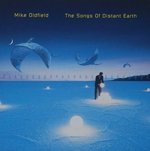 Album cover: blue landscape with a figure and flying whale shapes.