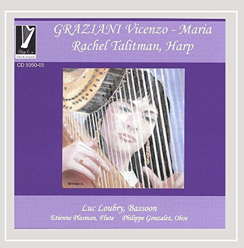 Purple CD cover with a woman playing a harp, surrounded by white text.