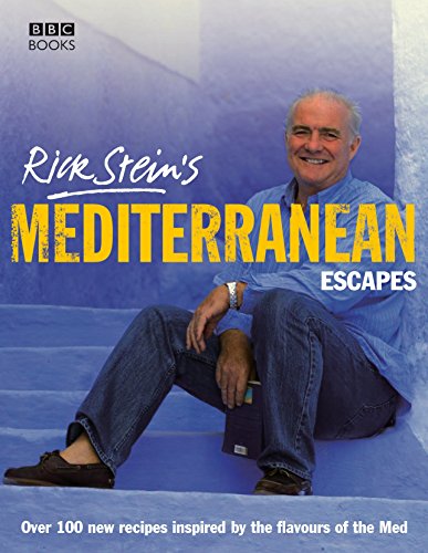 "Book cover featuring Rick Stein sitting on blue steps, wearing jeans and a blue shirt."