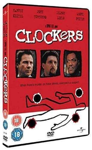 "Clockers DVD case with red cover, three men's portraits, and a crime scene illustration."