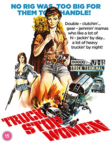 Blu-ray cover for "Truck Stop Women" featuring women and trucks, 1970s style.