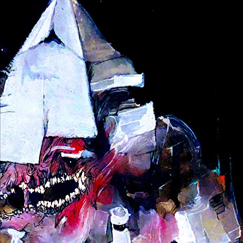 Abstract painting of a distorted, monstrous face wearing a white pointed hood.