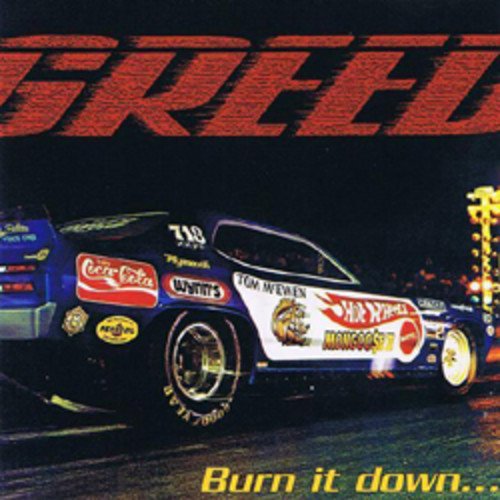 "Album cover featuring a dragster with sponsor logos, 'Greed' in red at the top."