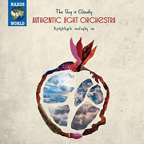 "Album cover with a pomegranate cutout showing cloudy skies, titled 'The Sky is Cloudy'."