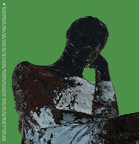 Green album cover featuring a textured, dark sculpture of a seated person.