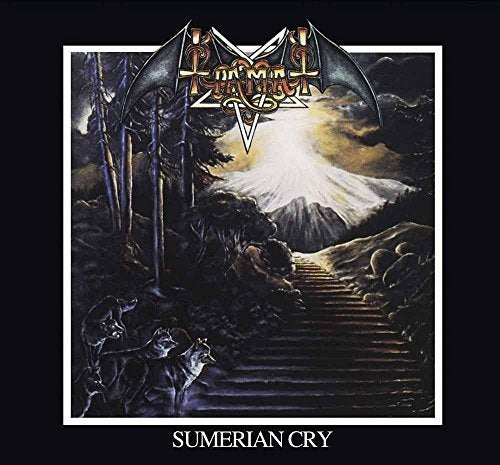 CD cover art: dark fantasy landscape with winged logo and wolves.