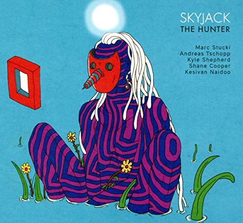 "Album cover art featuring a person with a red mask sitting among flowers."