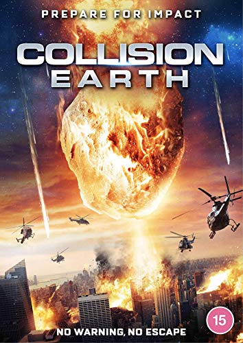 DVD cover for "Collision Earth" depicting a large asteroid and city destruction.