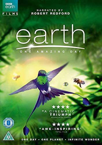 "Earth - One Amazing Day" DVD cover featuring a hummingbird in flight amidst green foliage.