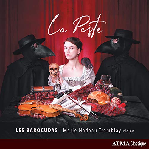 "Album cover featuring a woman surrounded by plague doctors and musical instruments."