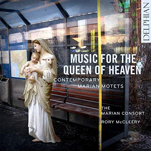 CD cover with a statue of Mary holding baby Jesus on a bus stop bench.