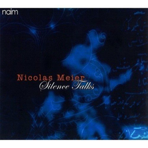 "CD cover with abstract blue design, featuring 'Nicolas Meier - Silence Talks' in orange and white text."
