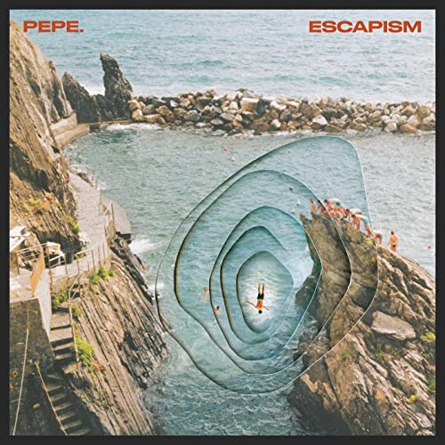 Album cover: coastal cliffs, blue water, and a diver in concentric circles.