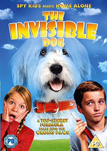 DVD cover for “The Invisible Dog” featuring a fluffy white dog and two children.