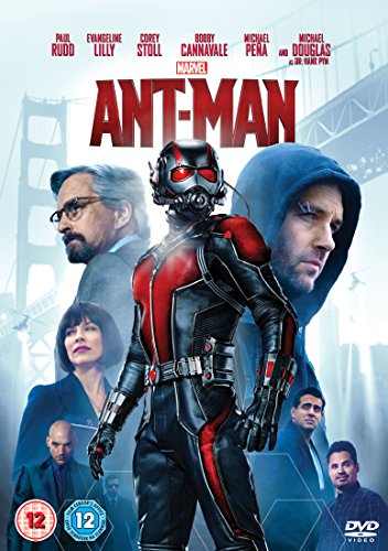 DVD case for "Ant-Man" with superhero on the cover, surrounded by characters.