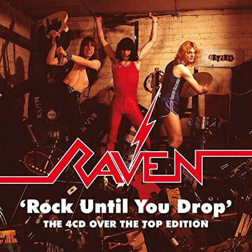 1980s rock band Raven poses with instruments and album title.