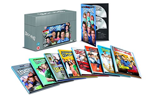 "Grey DVD box set with 'Scrubs' discs and covers fanned out in front."