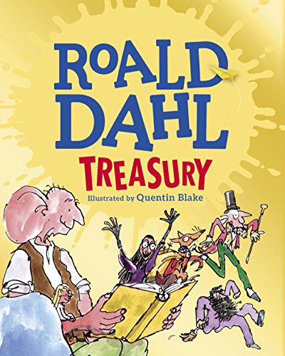 "Book cover with 'Roald Dahl Treasury' title, characters emerging from a large book."