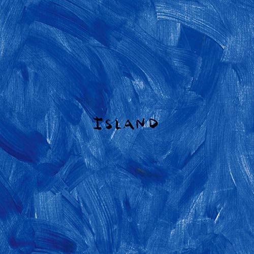 Blue abstract painting with the word “ISLAND” in dark lettering.
