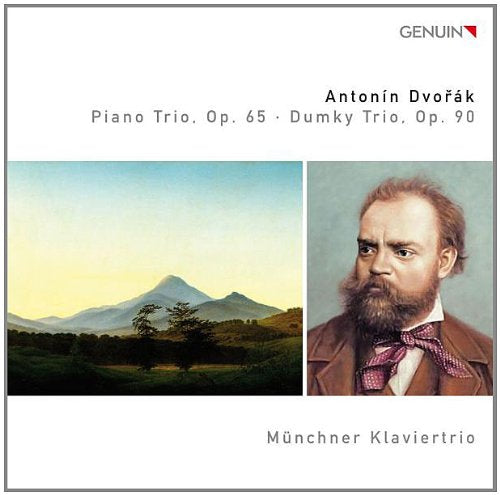 CD cover with landscape and portrait of Antonín Dvořák on a white background.