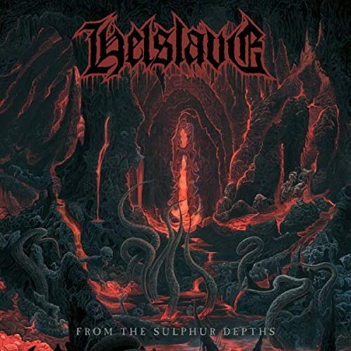 Dark fantasy album cover with red lettering and cavernous landscape.