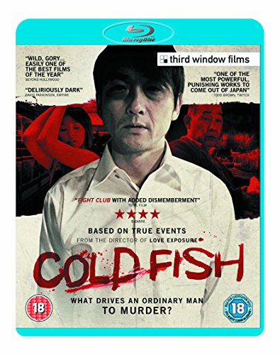 Blu-ray cover for Cold Fish featuring a man in a white shirt and text.