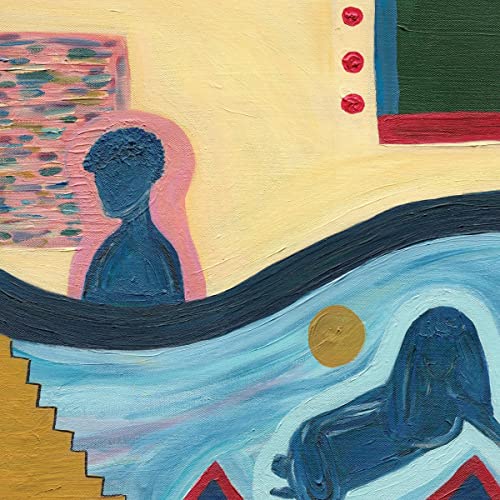 Abstract painting with blue figures and geometric shapes on a yellow background.