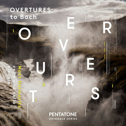 "Overtures to Bach" CD cover featuring a waterfall with bold, white text overlay.