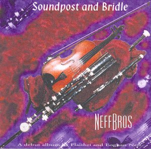 Violin and bow on red and purple background, "Soundpost and Bridle" album cover.