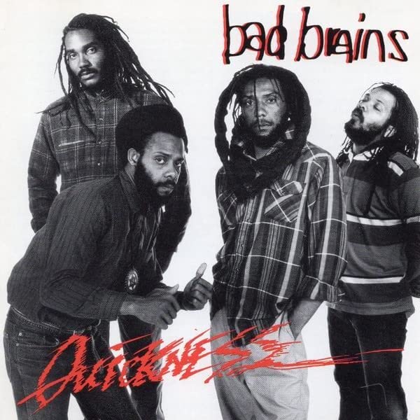 Bad Brains album cover featuring four men with dreadlocks, black and white.