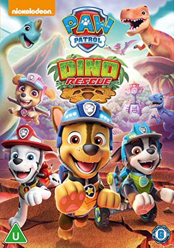 Paw Patrol characters and dinosaurs on the DVD cover for Dino Rescue.