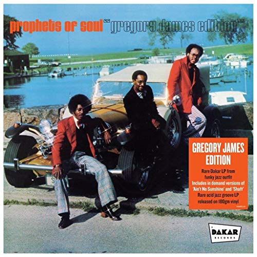 Vinyl record cover: three men with a classic car by a lake.