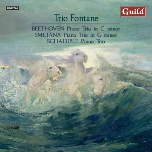 "CD cover featuring a painting of white horses in turbulent blue waters."