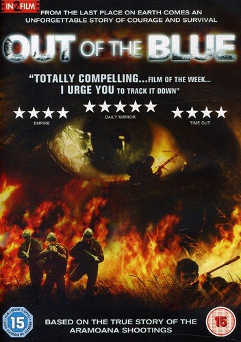 DVD cover for “Out Of The Blue” depicting armed police amidst flames.